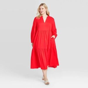 Who What Wear Red Midi Tiered Flowy Dress